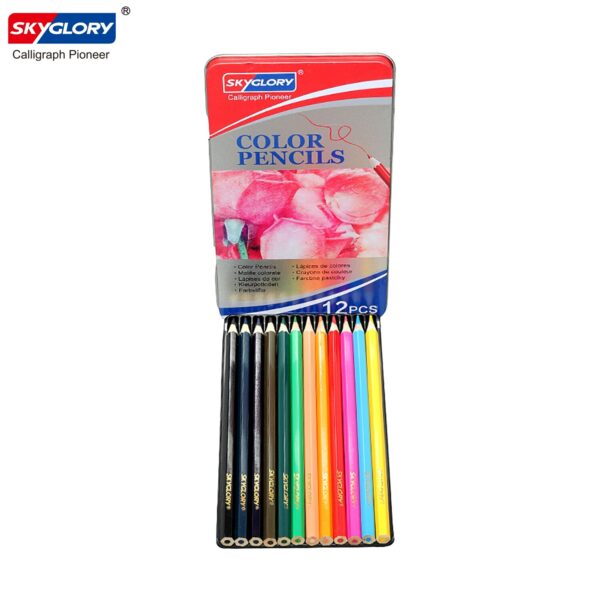 12 Colored Pencils Set SKYGLORY Pre-Sharpened Oil Color Pencils with Metal Storage Case Art Supplies for Children Students 5