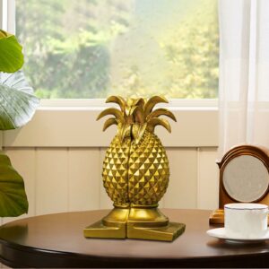 Set of 2 Golden Pineapple Figurine Resin Bookends, Decorative Stylish Bookshelf Accessories for Home Office Cute Hawaiian Statue 1