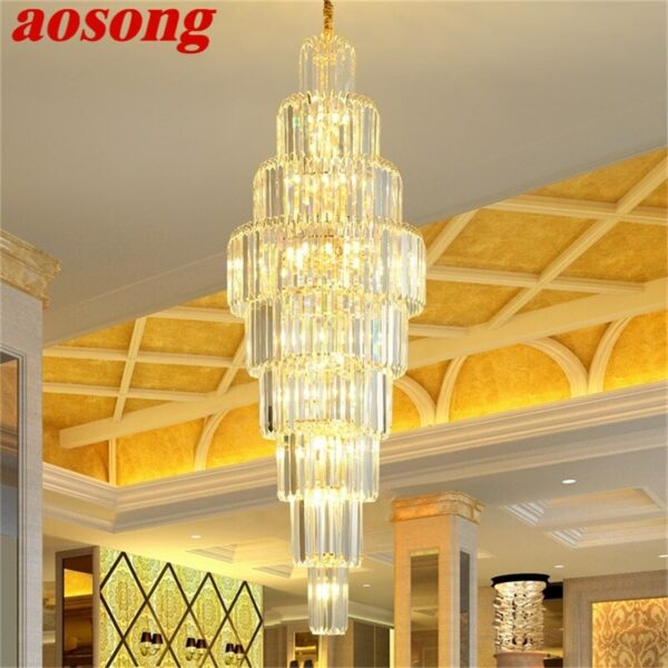 AOSONG Gold Chandelier Fixtures Modern Luxury Crystal Pendant Lamp Light Home LED for Stairs Hall Decoration 1