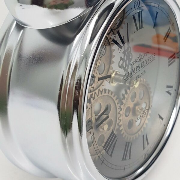 Madame Argent alarm moving cogs bedside clock - silver