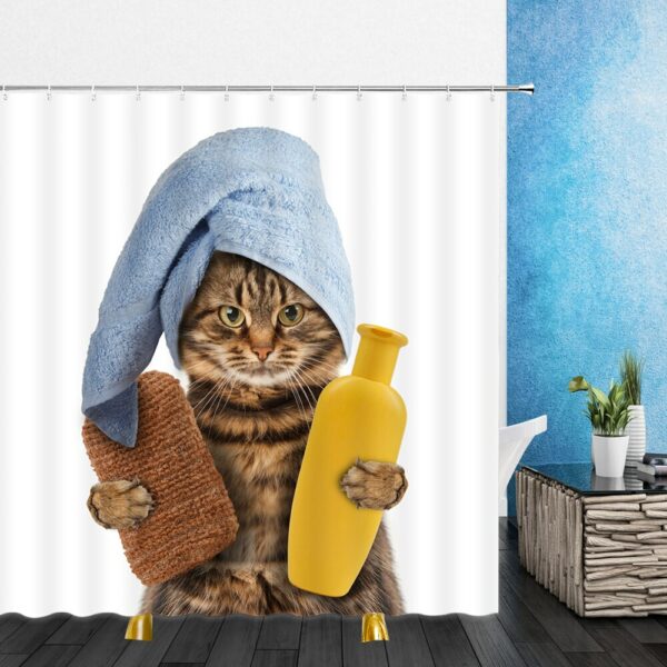 Funny Animal Shower Curtain Decor Cute Pet Cat Home Bathroom Decor Polyester Bath Cloth Curtain Set Lanyard Hook 2