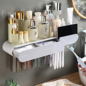 Bathroom Wall Toothbrush Organizer Set with Toothpaste Squeezer Holder and Mouthwash Cups Toothbrush Storage Rack for Bathroom 2