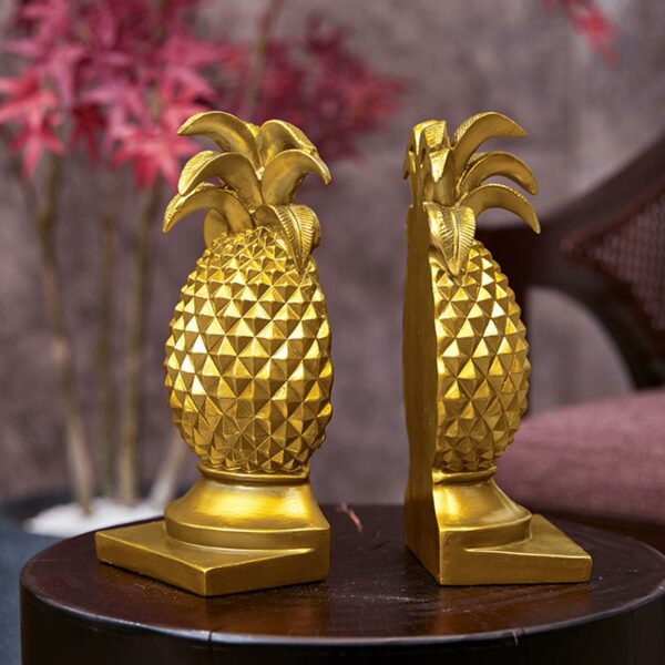 Set of 2 Golden Pineapple Figurine Resin Bookends, Decorative Stylish Bookshelf Accessories for Home Office Cute Hawaiian Statue 4