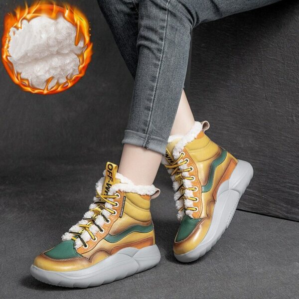 Winter Cotton Shoes Cowhide Women's Thick Bottom Round Head Plus Velvet Boots Casual Ankle Botas Outdoor Trekking Sneakers 2