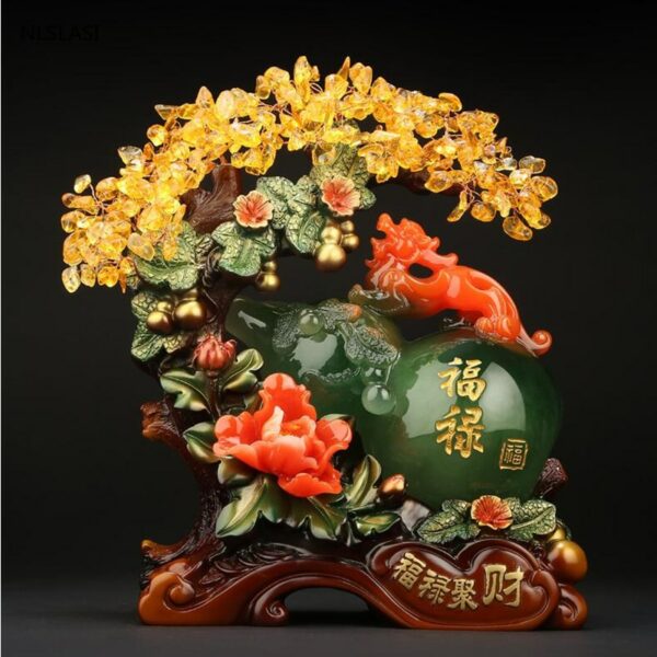 Feng shui Resin gourd Figurines Lucky Money Tree Ornaments Chinese Sculpture Crafts Desktop Art Home Office Decoration 1