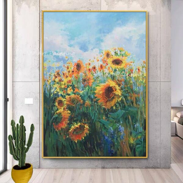 Handmade large size thick sunflower plant green and blue canvas simple oil painting for home office decoration as a gift 1