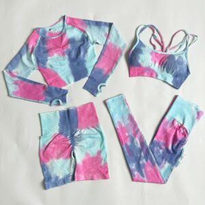 Yoga 4 Piece Set Women Seamless Knitted Tie-dye Outdoor Running Leggings Fitness Sports Sets Halter Bra Crop Top Gym Set Clothes 1