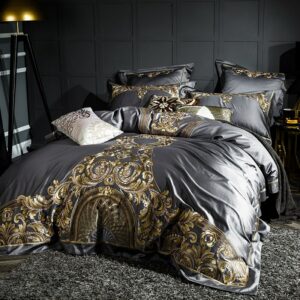 Luxury Gray Red 1000TC Satin Egyptian Cotton Bedding set Gold Royal Embroidery Queen King Duvet Cover Bed Linen/sheet Pillowcase 2