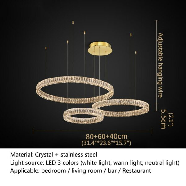 Hongcui Modern Pendant Light Luxury Crystal Three Rings LED Fixtures Decorative Living Room Round Chandeliers 6