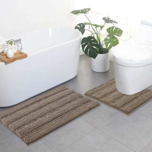 Taupe bathroom rugs, contour rug sets, extra thick bath mats, anti-slip soft plush chenille shaggy bath m