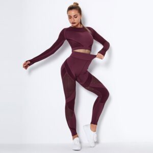 Bauhinia Hollow Out Seamless Yoga Set Women High Waist Breathable Leggings long Sleeve workout top Gym Running Training Suit 1