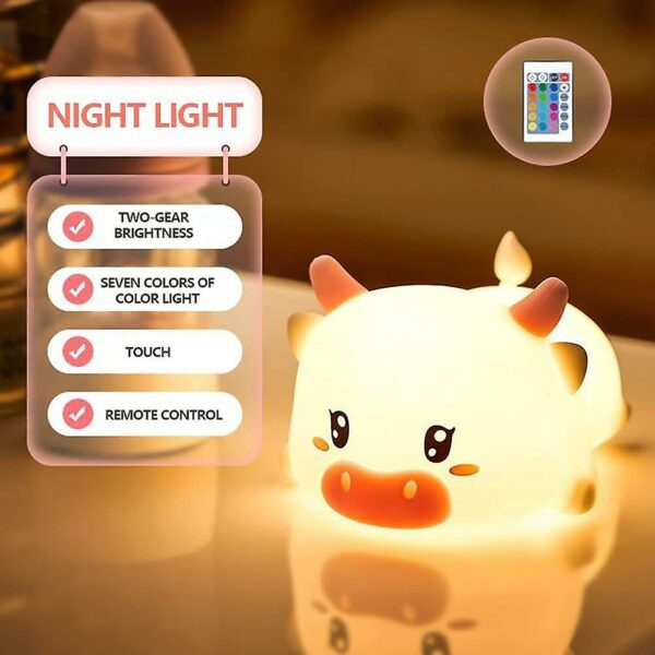 Night Light, LED Cartoon Silicone Lamp Cow Shape with Remote Controller USB Rechargeable Night Lights Roo