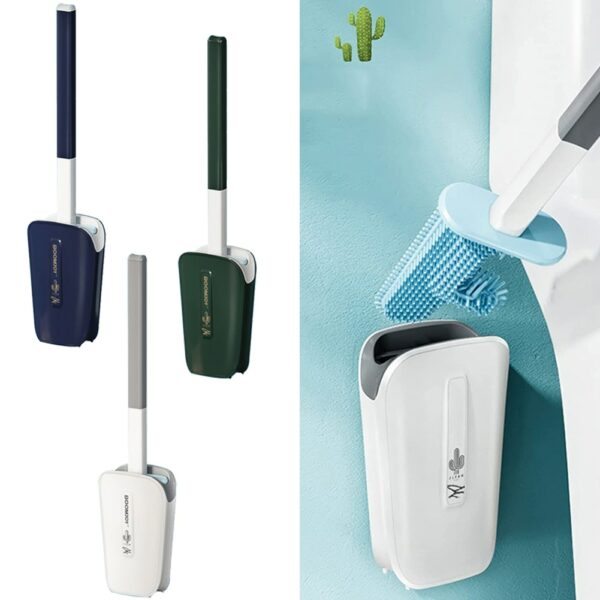 No Dead Angle Cactus Toilet Brush Leak-proof Water Belt Base Flat Head Flexible Soft Brush With Quick-drying Bracket Set 2