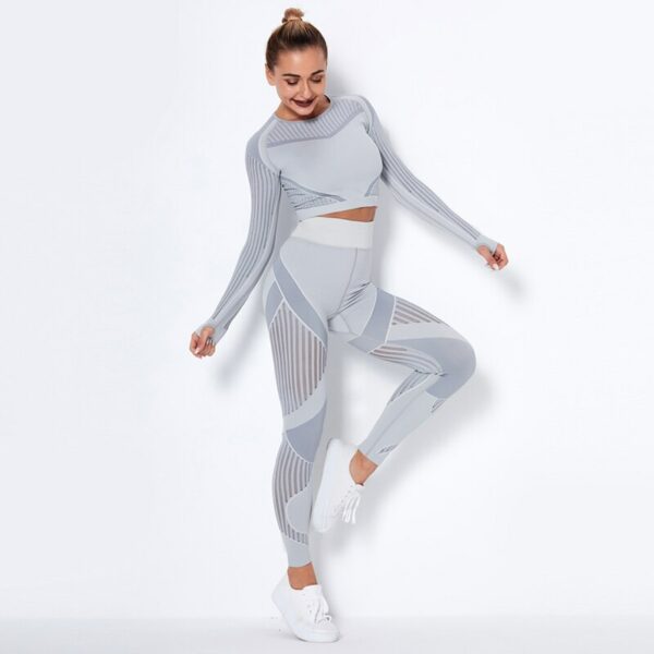 Bauhinia Hollow Out Seamless Yoga Set Women High Waist Breathable Leggings long Sleeve workout top Gym Running Training Suit 3