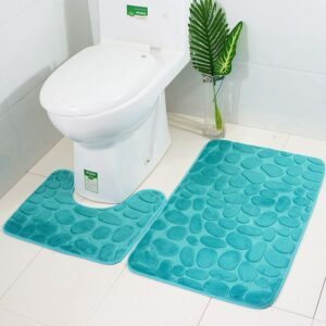 2 Pcs Embossed Cobblestone Bathroom Mat Set Toilet Rug Non-slip U Shape Carpet For Toilet Floor Mat Water Absorption Bath Mat 1