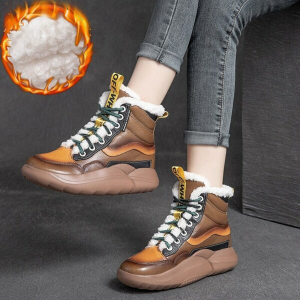 Winter Cotton Shoes Cowhide Women's Thick Bottom Round Head Plus Velvet Boots Casual Ankle Botas Outdoor Trekking Sneakers 3