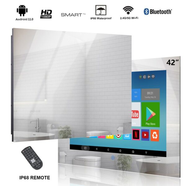 Haocrown 42 Inch Waterproof Mirror TV, Smart Android 11.0 Television Full HD 1080P Built-in Wi-Fi Bluetooth Waterproof Speakers 2