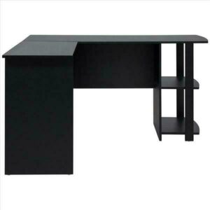 Shaped Wood Right-angle Computer Desk with Two-layer Bookshelves Black 2