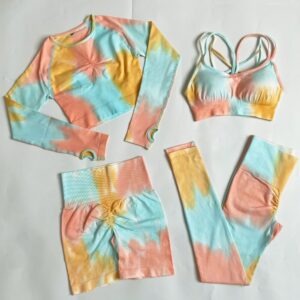 Yoga 4 Piece Set Women Seamless Knitted Tie-dye Outdoor Running Leggings Fitness Sports Sets Halter Bra Crop Top Gym Set Clothes 2