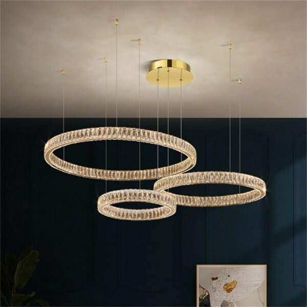 Hongcui Modern Pendant Light Luxury Crystal Three Rings LED Fixtures Decorative Living Room Round Chandeliers 4