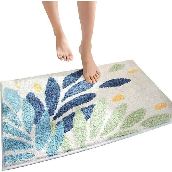 Inyahome Washable Leaves Bath Shower Rug Green and Blue for Bathroom Non Slip Bathtub Decor Mats Super Absorbent Floor Carpet 1