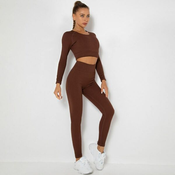 Bauhinia Striped Seamless Knitted Yoga Suit Women Fitness Running Sports Long-sleeved and Leggings Woman Two-piece Workout Set 4