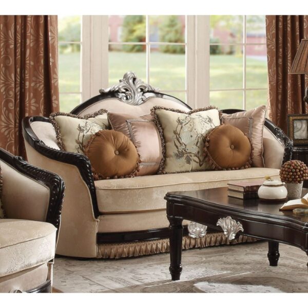 Loveseat with 6 Pillows Vintage Traditional Home Sofa in Tan Fabric Black for Office Salon Hotel Home Furniture 1