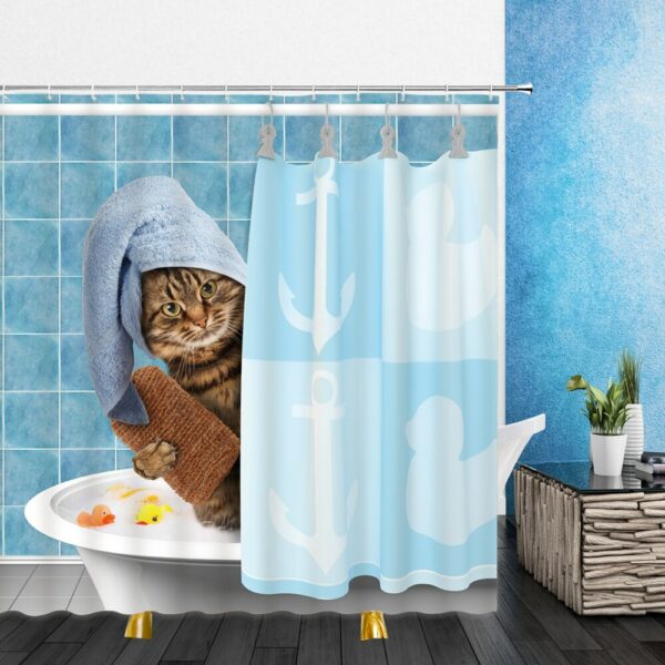 Funny Animal Shower Curtain Decor Cute Pet Cat Home Bathroom Decor Polyester Bath Cloth Curtain Set Lanyard Hook 4