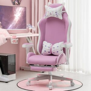 New pink gaming chair with bow headrest lumbar pillow comfortable office computer chair adjustable arm swivel chair 2