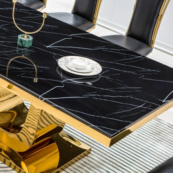 Modern Rectangular Marble Dining Table, 0.71" Thick Marble Top, U Shape Stainless Steel Base with Gold Finish, Size:64Lx38Dx30H 5