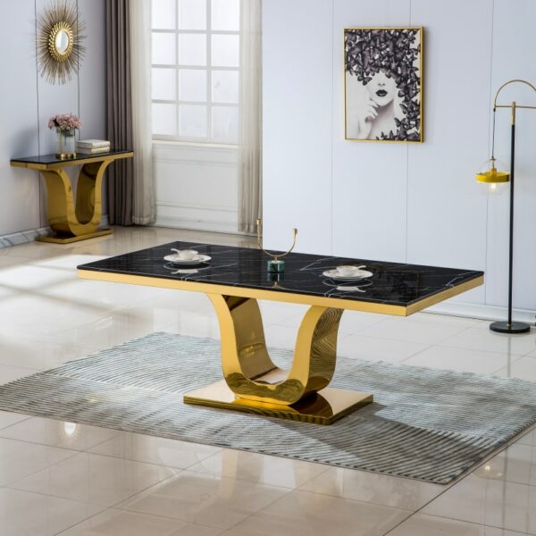 Modern Rectangular Marble Dining Table, 0.71" Thick Marble Top, U Shape Stainless Steel Base with Gold Finish, Size:64Lx38Dx30H 4