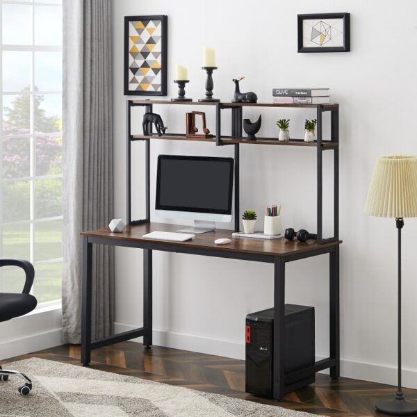 52 Inches Computer Desk with Hutch and Shelves, ,Space-Saving Laptop Table Modern PC Workstation Black Metal Frame Desk 1