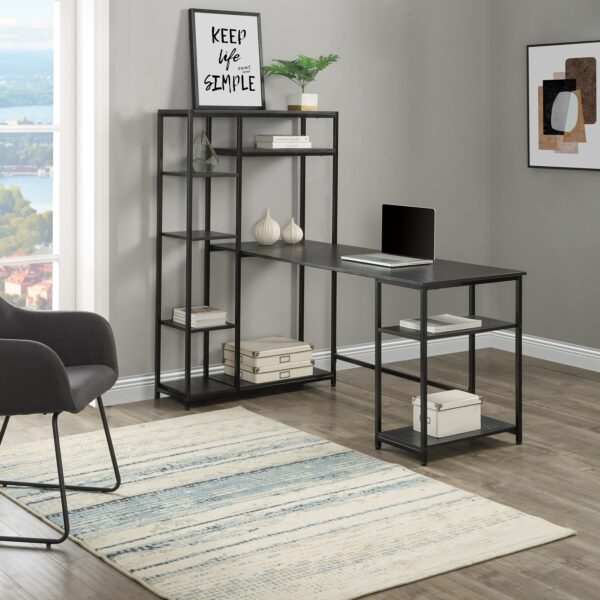 Home Office Computer Desk With Multiple Storage Shelves, Modern Large Office Desk With Bookshelf And Storage Space Black 6