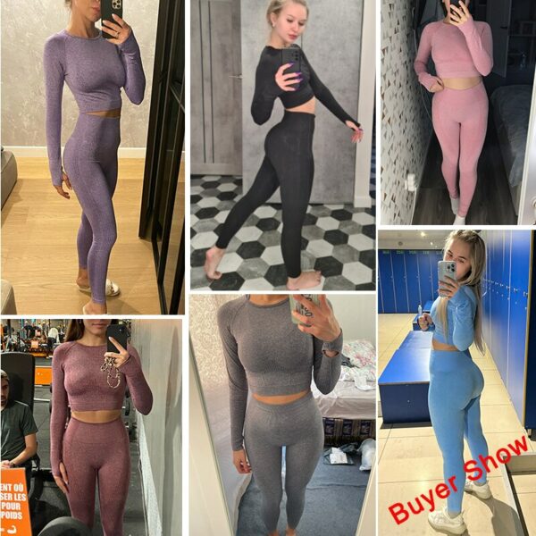 Women 2pcs Seamless Yoga Set Sport Suit Gymwear Workout Clothes Long Sleeve Gym Crop Top High Waist Leggings Fitness Sports Wear 5