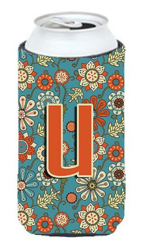 Letter U Flowers Retro Blue Tall Boy Beverage Insulator Hugger