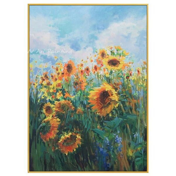 Handmade large size thick sunflower plant green and blue canvas simple oil painting for home office decoration as a gift 4