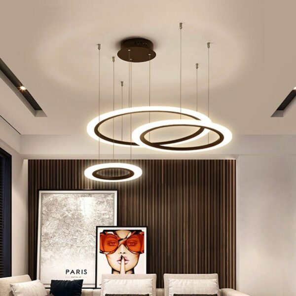 Modern Black Rings Chandelier for Living Room Hanging Lamp Bedroom Restaurant Pendant Light Fixture Home Kitchen Remote Lustre 3