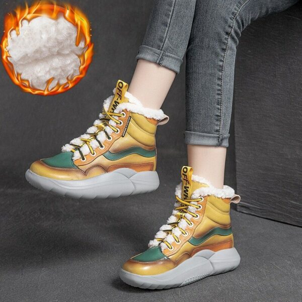 Winter Cotton Shoes Cowhide Women's Thick Bottom Round Head Plus Velvet Boots Casual Ankle Botas Outdoor Trekking Sneakers 1