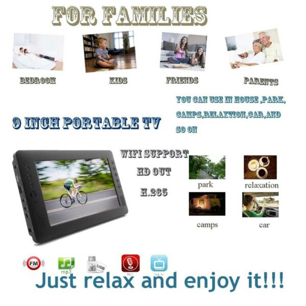 12V 9'' TV Portable Mini WiFi Digital and Analog TV H-I DVB-T2 DVB-T DTV ATV Car Smart Television Support USB TF Card MP4 MP3 5