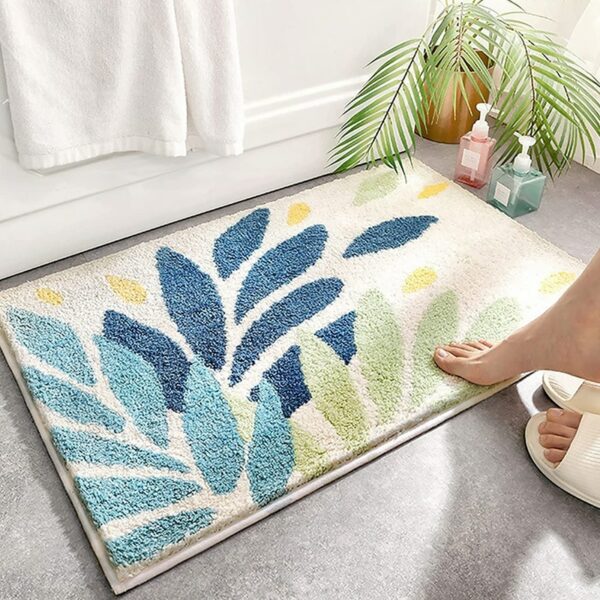 Inyahome Washable Leaves Bath Shower Rug Green and Blue for Bathroom Non Slip Bathtub Decor Mats Super Absorbent Floor Carpet 2