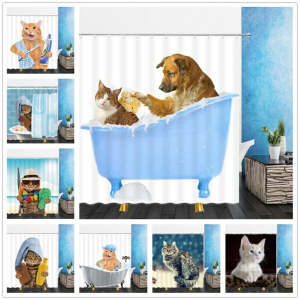 Funny Animal Shower Curtain Decor Cute Pet Cat Home Bathroom Decor Polyester Bath Cloth Curtain Set Lanyard Hook 1