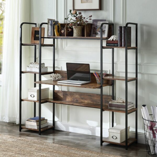 Industrial Style Computer Desk with Storage Hutch and Double Bookcase, Computer Workstation with Storage Bookshelf Home Office 1