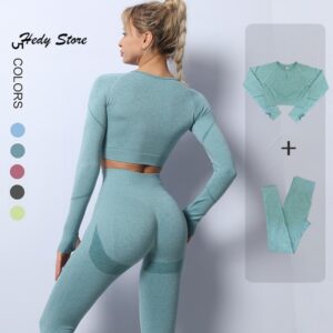 2PCS Seamless Yoga Set Women Tracksuit High Waist Leggings Workout Sportswear Gym Clothing Fitness Crop Top Sports Suits Gym Set 1