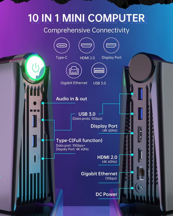 Chatreey AMR5 Mini PC AMD Ryzen 5 5600U RGB Light Gaming Desktop Computer WiFi 6 BT 5.0 Pre-install Windows 11 2XNVME SSD 4