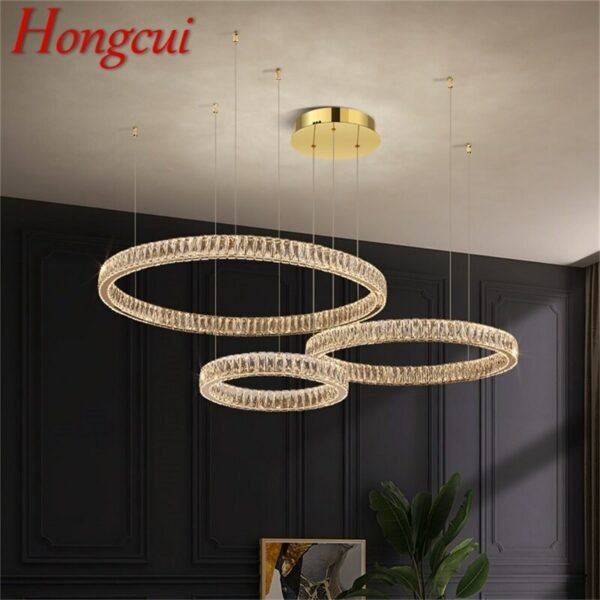 Hongcui Modern Pendant Light Luxury Crystal Three Rings LED Fixtures Decorative Living Room Round Chandeliers 1