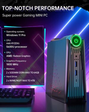 Chatreey AMR5 Mini PC AMD Ryzen 5 5600U RGB Light Gaming Desktop Computer WiFi 6 BT 5.0 Pre-install Windows 11 2XNVME SSD 2