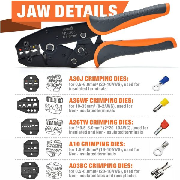 IWISS Ratchet Wire Crimping tool kit w/5 Interchangeable Jaws,Wire Striper&Cutter for Insulated/Non-Insulated Terminals Plier 2