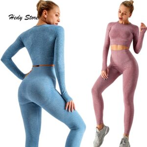 Women 2pcs Seamless Yoga Set Sport Suit Gymwear Workout Clothes Long Sleeve Gym Crop Top High Waist Leggings Fitness Sports Wear 1