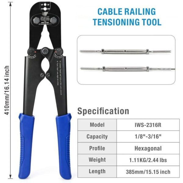 IWISS IWS-2316R Crimping plier Heavy Duty Cable Railing Deck Swage Tool 1/8to 3/16 inch Stainless Steel Wire Rope Tensioners 2