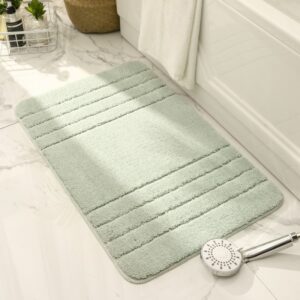 Inyahome Bath Rugs for Bathroom Non-Slip Saga Green Bath Mats Machine Washable Absorbent Shaggy Floor Mat Microfiber Stripe Pad 2